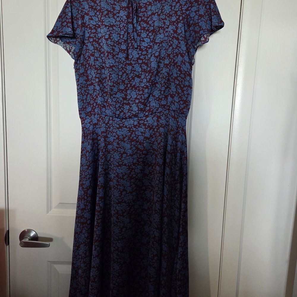 Unique Vintage Blue and Black Floral Midi Dress